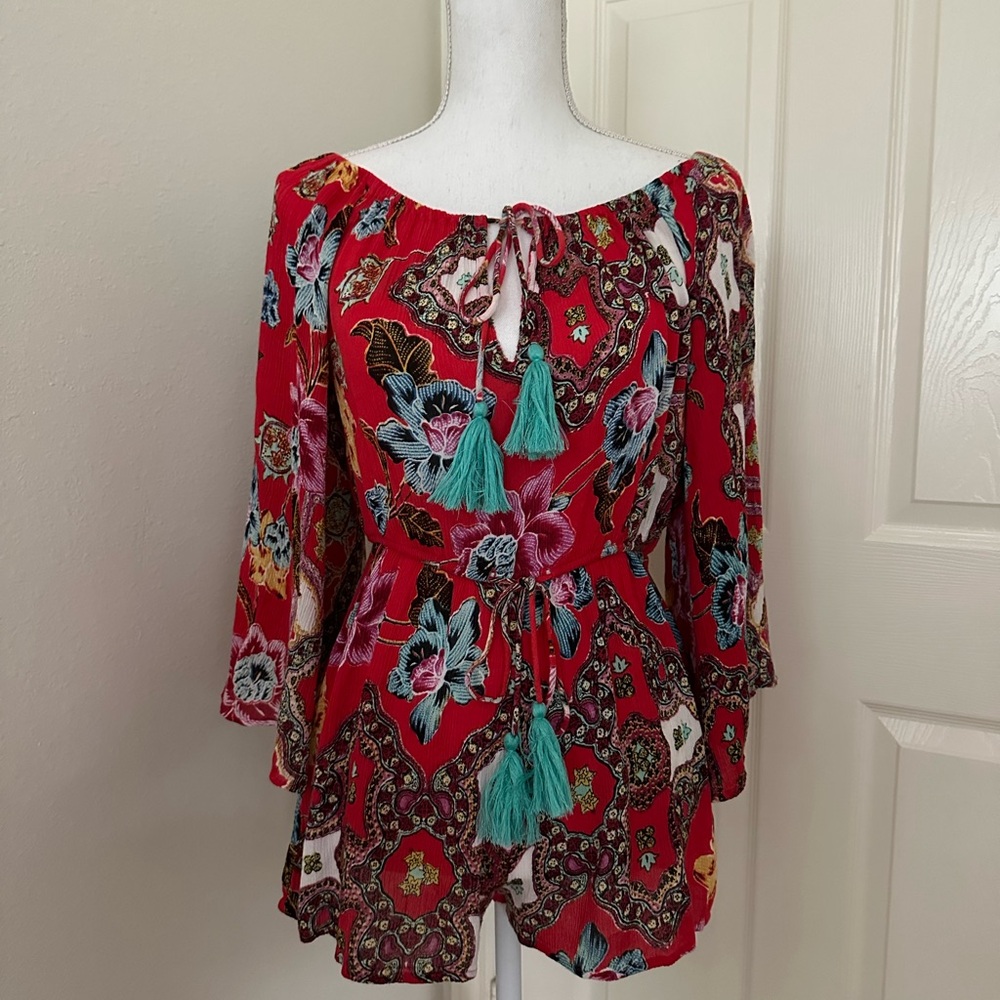 Red Floral 3/4 Bell Sleeve Tie Front Romper